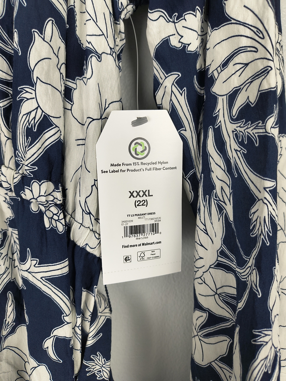 Time & Tru Mini Dress Women's XXXL 22 Blue White Printed Long Sleeve Tie Waist - Picture 11 of 13